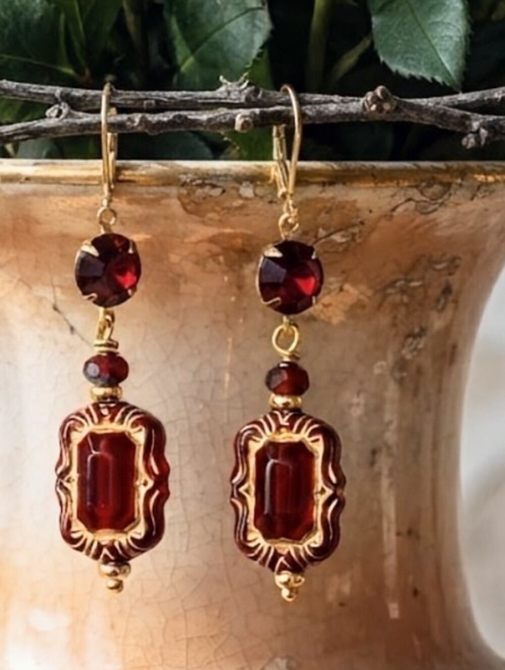 Victorian Red Ornate & Swarovski Ruby Crystal In Gold Plated Earrings